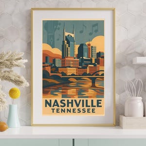 Art mural numérique Nashville, Tennessee • Musique imprimable sur les toits de la ville • Poster de voyage en téléchargement immédiat • Décor de paysage urbain ambiance country
