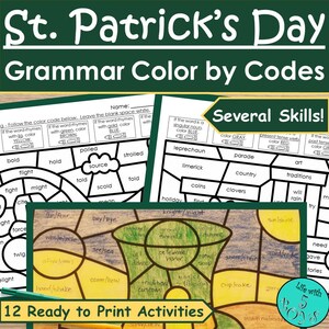 Op de afbeelding: St. Patrick's Day grammatica kleur op code werkbladen. De afbeelding toont meerdere pagina's met grammatica-oefeningen, waaronder rijmwoorden, enkelvoudige zelfstandige naamwoorden en werkwoordstijden. De werkbladen zijn ontworpen voor educatieve activiteiten.
