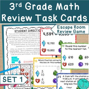 May include: A colorful 3rd Grade Math Review Task Cards set. The image features an "Escape Room Review Game" with multiple-choice questions, including fractions and rounding. The cards are designed for educational use.