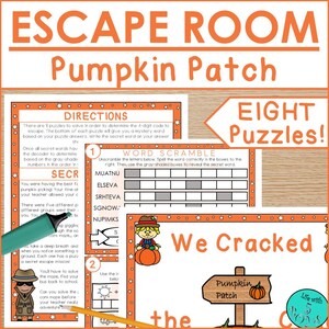 Puede incluir: Un juego Escape Room Pumpkin Patch naranja y blanco con ocho rompecabezas. El juego incluye rompecabezas de palabras, instrucciones y un letrero que dice "We Cracked the Pumpkin Patch". Un resaltador verde y un lápiz están en la imagen.