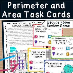 May include: Educational task cards titled "Perimeter and Area Task Cards" with the text "Escape Room Review Game." The cards feature geometry problems, including finding perimeters and areas, with diagrams and measurement units in yards and meters.