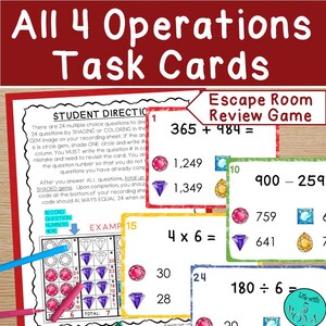 May include: Educational task cards for all 4 operations, featuring an escape room review game theme. The cards include addition, subtraction, multiplication, and division problems. The image shows multiple-choice questions with gems for shading.