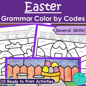 May include: Educational Easter-themed printable activity sheets. The sheets feature grammar colour-by-code exercises with instructions and examples. The image includes the text "Easter Grammar Color by Codes" and "10 Ready to Print Activities."