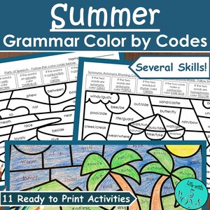 May include: A colorful educational worksheet titled "Summer Grammar Color by Codes" with various grammar exercises. The image includes text such as "Parts of Speech" and "Synonyms, Antonyms, Rhyming". The bottom of the image reads "11 Ready to Print Activities".