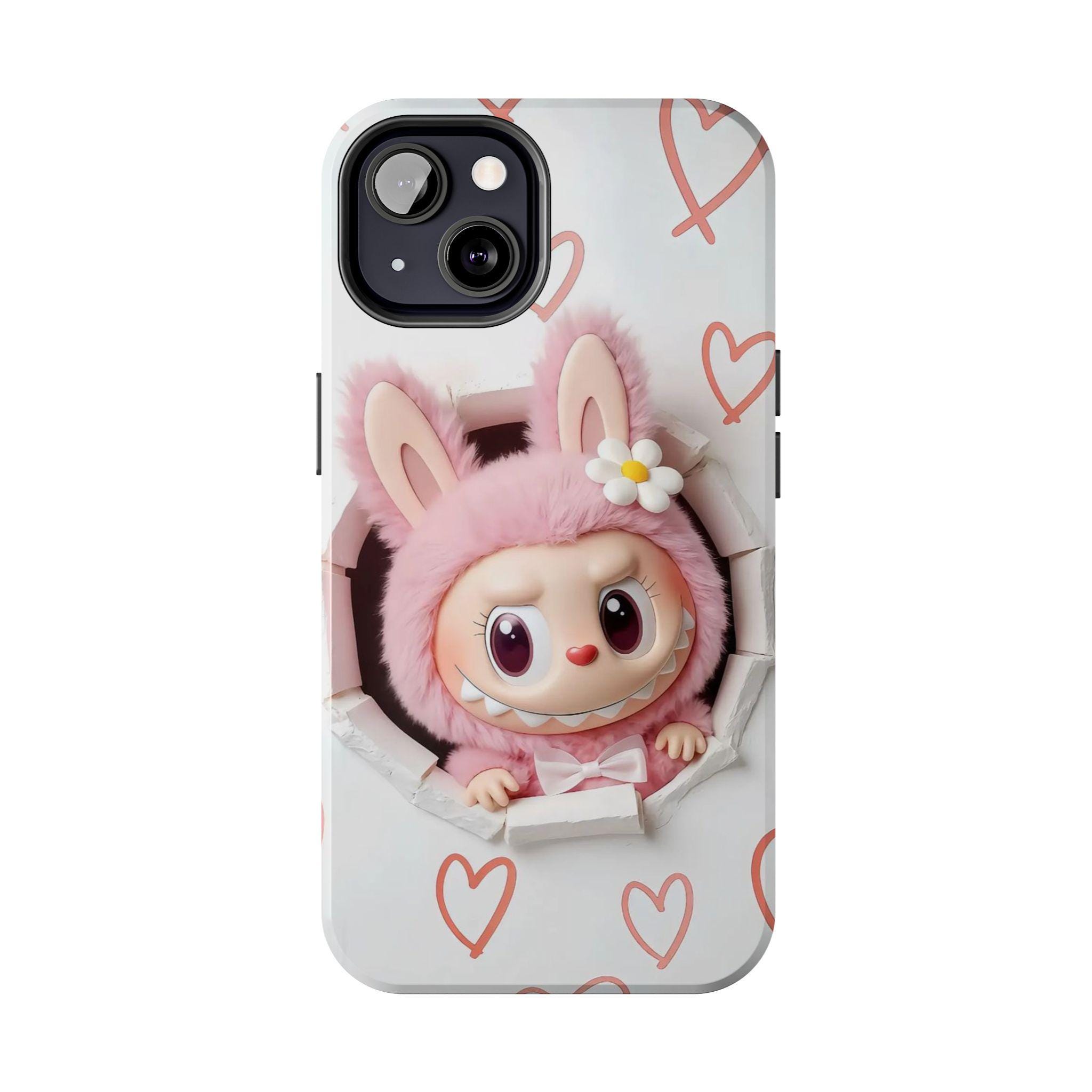 Cute Bunny Labubu Phone Case, Tough Phone Case, Kawaii Phone Cover, Trendy Tech Accessory, Playful Heart Design