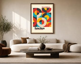 Moderne geometrische wanddecoratie, Bauhaus-print, poster uit het midden van de 20e eeuw, vorm volgt functie.