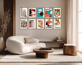 10-delige set geometrische wanddecoratie | Bauhaus-geïnspireerde digitale prints | Mid-century modern decor