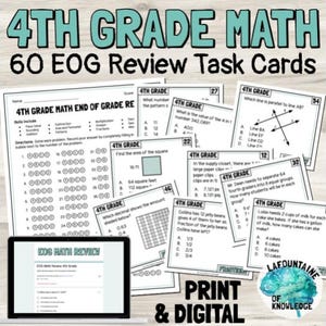 Könnte beinhalten: Eine Sammlung von 4th Grade Math EOG Review Task Cards. Die Karten zeigen mathematische Aufgaben und Fragen. Das Bild enthält auch einen Laptop mit der Aufschrift "EOG Math Review" und dem Text "Print & Digital".