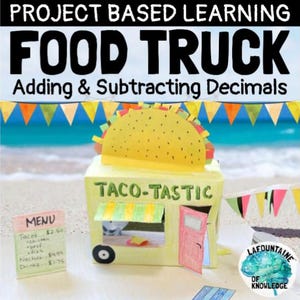 May include: A yellow and brown cardboard food truck model with a taco on top. The truck is labeled "Taco-Tastic" and has a menu with prices for tacos, quesadillas, nachos, and drinks. The truck is on a beach scene with blue water and yellow sand.
