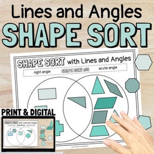 Pode incluir: Uma folha de trabalho intitulada "Lines and Angles SHAPE SORT" com formas geométricas para classificar. A folha de trabalho inclui o texto "PRINT & DIGITAL" e é exibida com um laptop mostrando uma versão digital da folha de trabalho. Uma mão aponta para a folha de trabalho.