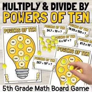 May include: Educational math game titled "Multiply & Divide by Powers of Ten." The game features cards with math problems and a lightbulb-shaped game board. The text "5th Grade Math Board Game" is also visible.