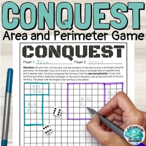 Pode incluir: Um jogo educativo colorido intitulado "CONQUEST Area and Perimeter Game" é exibido. O jogo inclui uma grade, dados e instruções para calcular a área e o perímetro. Uma mão está usando uma caneta para escrever no tabuleiro do jogo.