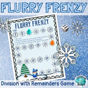 Könnte beinhalten: Ein Brettspiel mit Winterthema namens "Flurry Frenzy" mit Schneeflocken und nummerierten Feldern. Das Spiel enthält Spielfiguren und Anweisungen. Der Text "Division with Remainders Game" steht unten.