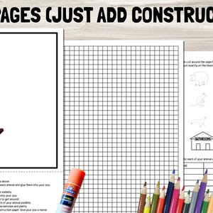 May include: Three printable pages for a zoo animal habitat project. The first page is blank, the second page is a grid, and the third page has images of animals, buildings, and trees to cut out and use in the project. The text on the page reads "3 Project Pages (Just Add Construction Paper)".