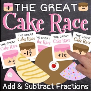 May include: Educational poster titled "The Great Cake Race" with pink and brown cake illustrations. The poster teaches addition and subtraction of fractions. The text "Add & Subtract Fractions" is at the bottom.