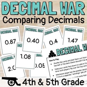 May include: Educational game cards for comparing decimals, titled "Decimal War," suitable for 4th and 5th grade. The cards feature decimal numbers such as 0.87, 0.40, and 1.47. Instructions are provided, with the title in teal.
