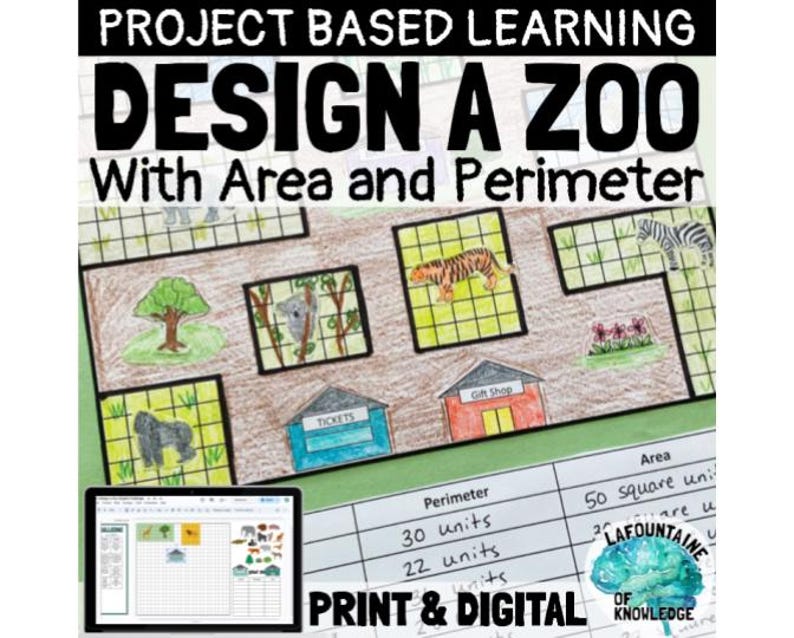 May include: A printable worksheet for designing a zoo with area and perimeter calculations. The worksheet features a grid with various animal enclosures, a ticket booth, and a gift shop. The worksheet includes instructions for calculating the area and perimeter of each enclosure. The worksheet is labeled "Design a Zoo with Area and Perimeter".