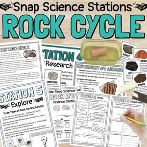 Peut inclure: Matériel pédagogique scientifique avec le texte "Snap Science Stations ROCK CYCLE". L'image comprend des feuilles de travail, des échantillons de roches et une expérience avec une roche dans l'eau. Une main tient un crayon jaune.