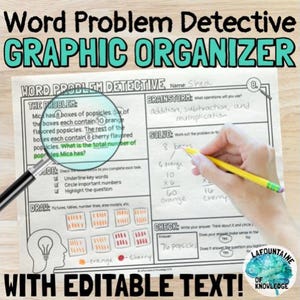 May include: A worksheet titled "Word Problem Detective Graphic Organizer" with editable text. The worksheet includes sections for the problem, brainstorming, solving, and checking answers. A hand is writing on the worksheet with a pencil. The worksheet has a magnifying glass and a drawing of a lightbulb.