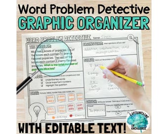 Organizador gráfico de problemas de palabras con texto editable y 12 problemas de varios pasos
