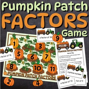 May include: An educational game called "Pumpkin Patch Factors" with orange pumpkins, green tractors, and text. The game is designed to teach factors. The background is a dark chalkboard. The game uses metric measurements.