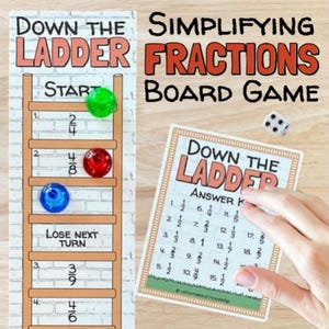 Puede incluir: Un juego de mesa llamado "Down the Ladder" para simplificar fracciones. El juego incluye un tablero en forma de escalera, fichas, una clave de respuestas y un dado. El tablero muestra fracciones.