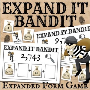 May include: Educational game titled "Expand It Bandit" with a cartoon bandit character. The game features math problems with numbers and money bags. The text "Expanded Form Game" is also visible.