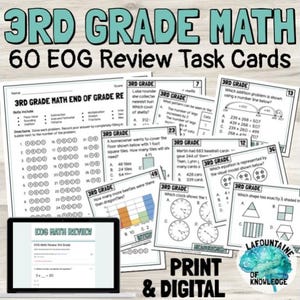 May include: A collection of 3rd Grade Math EOG Review Task Cards. The image features multiple worksheets with math problems, including addition, subtraction, and geometry. The text on the top reads "3RD GRADE MATH 60 EOG Review Task Cards". A laptop displays "EOG Math Review".