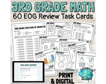 Könnte beinhalten: Eine Sammlung von 3rd Grade Math EOG Review Task Cards. Das Bild zeigt mehrere Arbeitsblätter mit mathematischen Aufgaben, einschließlich Addition, Subtraktion und Geometrie. Der Text oben lautet "3RD GRADE MATH 60 EOG Review Task Cards". Ein Laptop zeigt "EOG Math Review".
