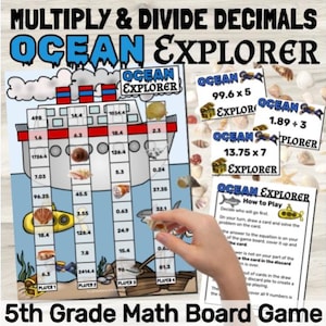 May include: A 5th grade math board game titled "Ocean Explorer" with a nautical theme. The game board features a ship design with various decimal numbers. Includes cards with multiplication and division problems. A hand is shown interacting with the game.