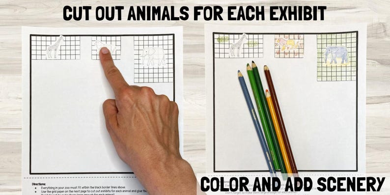 May include: A printable activity sheet with instructions to "Cut Out Animals for Each Exhibit" and "Color and Add Scenery". The sheet includes a grid with images of a giraffe, a group of animals, and an elephant.