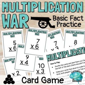 Puede incluir: Juego de cartas "Multiplication War" con problemas de multiplicación. La imagen incluye un cañón y el texto "Basic Fact Practice". Las cartas muestran ecuaciones como 5 x 6 y 7 x 6. El juego está diseñado para fines educativos.