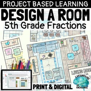 May include: A classroom project titled "Design a Room" for 5th grade fractions. The image shows a room layout with furniture, a tablet displaying a design, and colored pencils. The text includes "Print & Digital".