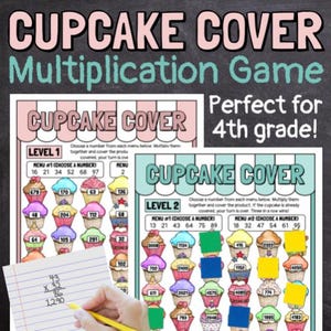 Può includere: Gioco educativo intitolato "Cupcake Cover Multiplication Game" per la 4a elementare. Il gioco presenta illustrazioni di cupcake colorati e problemi di moltiplicazione. L'immagine include il testo "Cupcake Cover" e "Multiplication Game".