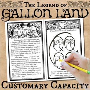 May include: A two-page educational worksheet titled "The Legend of Gallon Land" with text and illustrations. The right page has a hand holding a yellow pencil, completing a capacity exercise. The text at the bottom reads "Customary Capacity".