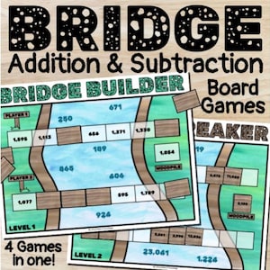 May include: Educational board games titled "BRIDGE Addition & Subtraction." The games feature colourful game boards with bridge-themed designs, numbers, and the text "BRIDGE BUILDER." The set includes multiple levels and the phrase "4 Games in one!"
