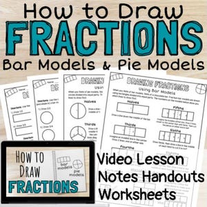 Op de afbeelding: Educatief materiaal voor het leren van breuken. De afbeelding toont werkbladen, aantekeningen en een tablet met "How to Draw Fractions" met staaf- en cirkeldiagrammen. De titeltekst is teal, met "Bar Models & Pie Models" eronder.