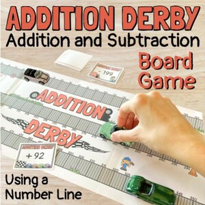 May include: A board game titled "Addition Derby" with the text "Addition and Subtraction Board Game" is shown. The game uses a number line and includes toy cars and cards with addition problems. A hand is shown moving a green toy car on the game board.