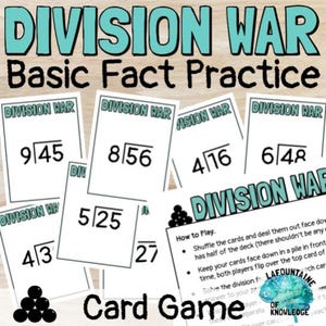 May include: A card game titled "Division War: Basic Fact Practice." The cards are white with black text, displaying division problems like 9/45 and 8/56. The game includes instructions and a logo with a brain.