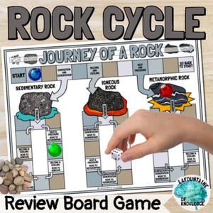 Peut inclure: Un jeu de société intitulé "Rock Cycle" avec le texte "Journey of a Rock". Le plateau de jeu présente des illustrations de roches sédimentaires, ignées et métamorphiques. Une main tient un dé. Les mots "Review Board Game" sont en bas.