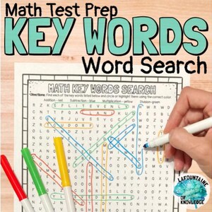 May include: A maths test preparation worksheet titled "KEY WORDS Word Search" in large teal letters. The worksheet features a word search puzzle with maths-related terms. Coloured markers are visible, highlighting the words. The LaFontaine of Knowledge logo is in the bottom right corner.