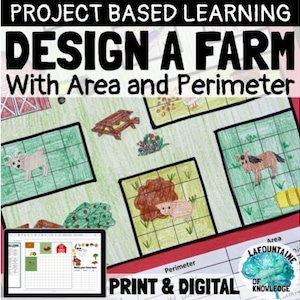 May include: A printable and digital activity for students to design a farm using area and perimeter. The worksheet features a grid with different farm animals and a table to calculate area and perimeter.