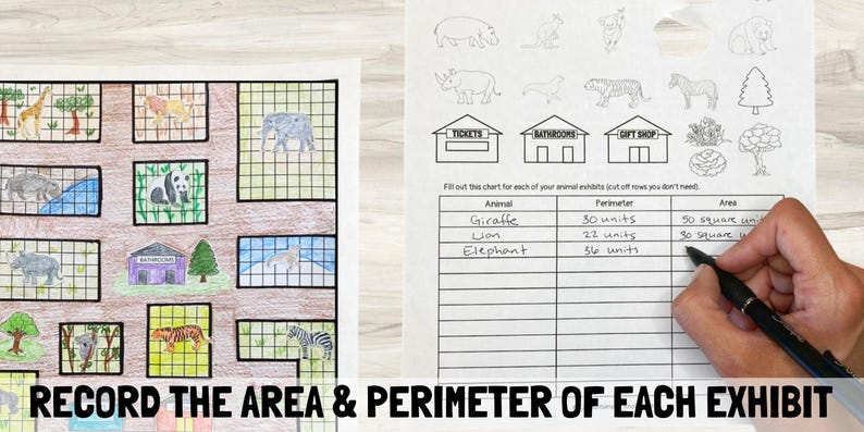 May include: A worksheet with a gridded zoo map and a chart to record the area and perimeter of each animal exhibit. The chart includes the animals giraffe, lion, and elephant. The text "Fill out this chart for each of your animal exhibits. Cut off what you don't need." is included.