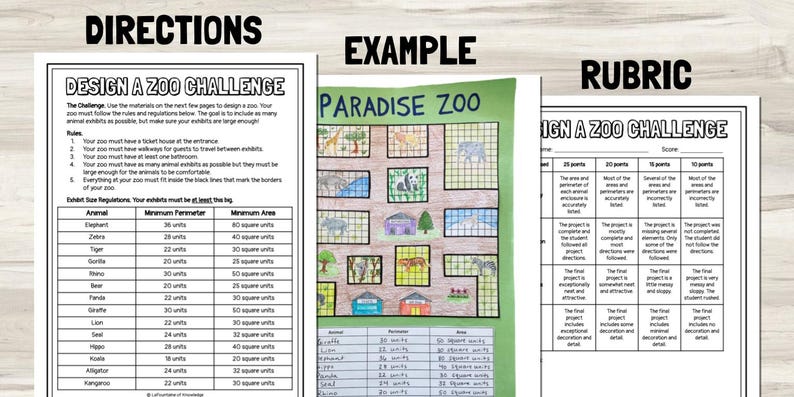 May include: A printable worksheet for a design a zoo challenge. The worksheet includes directions, an example, and a rubric. The example shows a zoo layout with animal enclosures and a key. The rubric includes criteria for scoring the project.