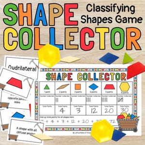 May include: A colorful educational game titled "Shape Collector" with various geometric shapes. The game includes cards, a chart, and wooden shapes in yellow, blue, red, and green. The text on the game board includes "Classifying Shapes Game".