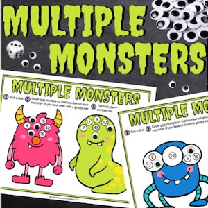 Puede incluir: Un juego educativo colorido titulado "MULTIPLE MONSTERS" con instrucciones e ilustraciones de monstruos. El juego incluye un dado, ojos saltones y tres tarjetas de monstruos en rosa, verde y azul. Los monstruos tienen varios ojos y números.