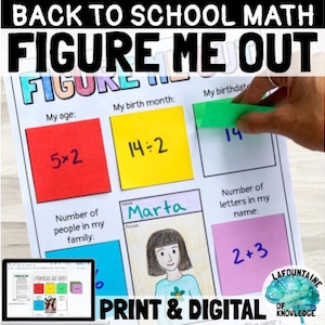 May include: A colorful educational worksheet titled "FIGURE ME OUT" with math problems and fill-in-the-blank sections. Includes a drawing of a person, and the text "PRINT & DIGITAL". A laptop displays the worksheet.