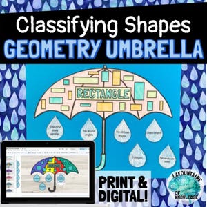 May include: A colorful educational poster titled "Classifying Shapes Geometry Umbrella" features a diagram of an umbrella with geometric shapes and labels. A tablet displays a similar image. The poster includes the text "Print & Digital!"