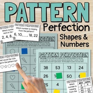 May include: Educational game titled "Pattern Perfection" with the subtitle "Shapes & Numbers." The image displays several cards with pattern-based math problems. The game includes questions like "Which number is missing from the pattern?" and "What would the 12th shape in the pattern be?"