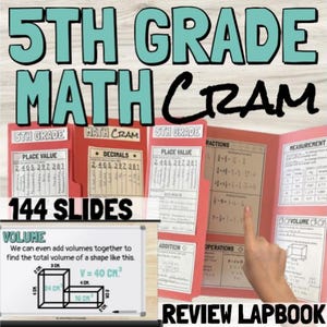 May include: A red and white 5th grade math review lapbook with 144 slides. The lapbook is open to show different sections, including place value, decimals, fractions, measurement, addition, operations, and volume. The lapbook includes a diagram showing how to calculate the volume of a rectangular prism.